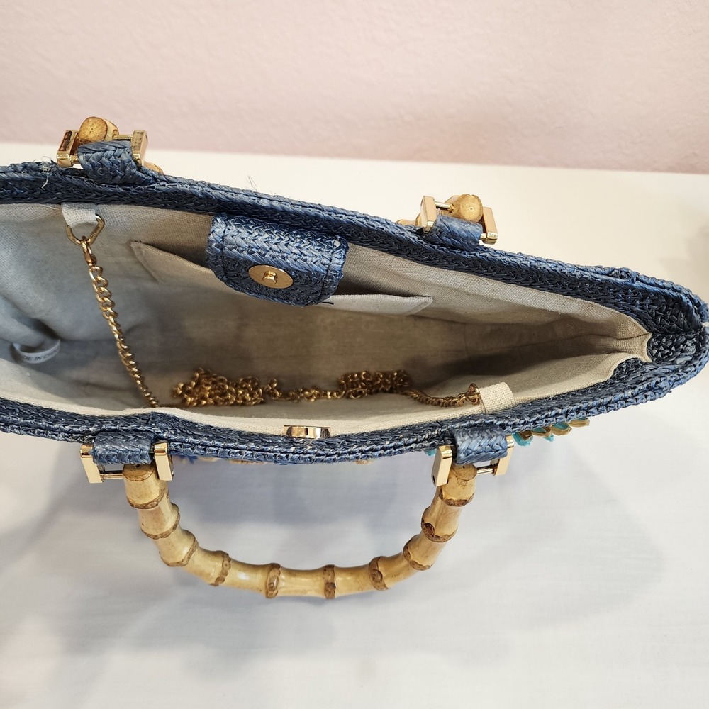 Haute Hippie Women's Straw Raffia Bag Purse With Gold Tone Chain Retro Ladylike - Picture 6 of 11